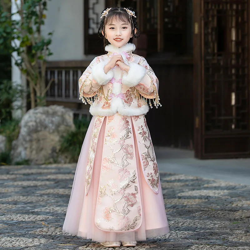 Costume Tang chinois en coton et lin pour filles, vêtements d'hiver rembourrés en coton avec broderie, pour le nouvel an, style Hanfu ancien