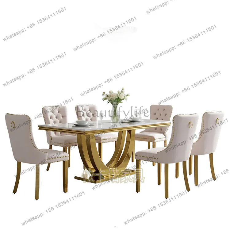 Light luxury marble dining table, modern simple rectangular household rock slab dining table and chair combination