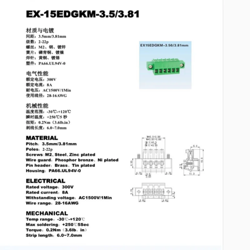 5sets HJXY  Wall-through fixed panel 15EDGWC-3.81mm solderless butt joint with flange frame plug-in terminal block 2p-24p