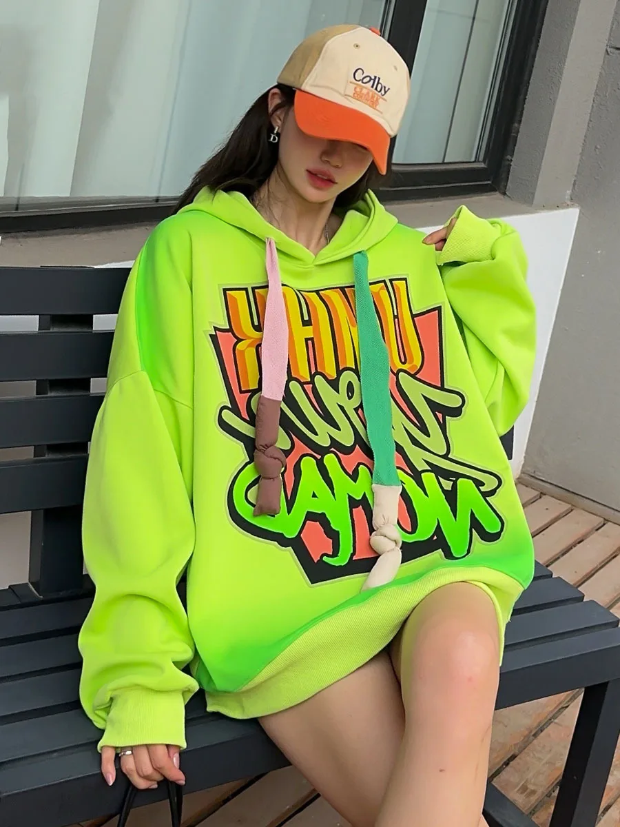 Graffiti Letter Hooded Sweatshirt Tops Women 2024 Autumn Winter Oversized Y2k Clothes Cotton Casual Loose Sportshirt Bust 132cm