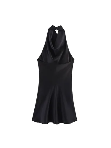 Imagen 2 del producto 2025 mujeres verano Halter Mini vestido moda Sexy satén espalda descubierta sólido femenino elegante vestidos de fiesta callejera ropa