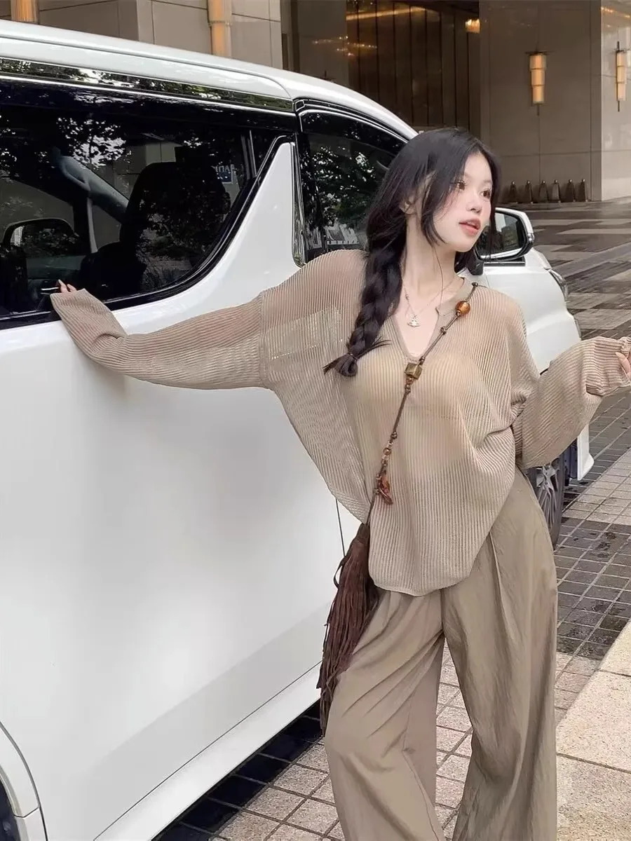 ملابس تريكو نسائية فضفاضة طويلة مفرغة جديدة 2023 ربيع خريف حماية من الشمس مكيف هواء غطاء علوي #4