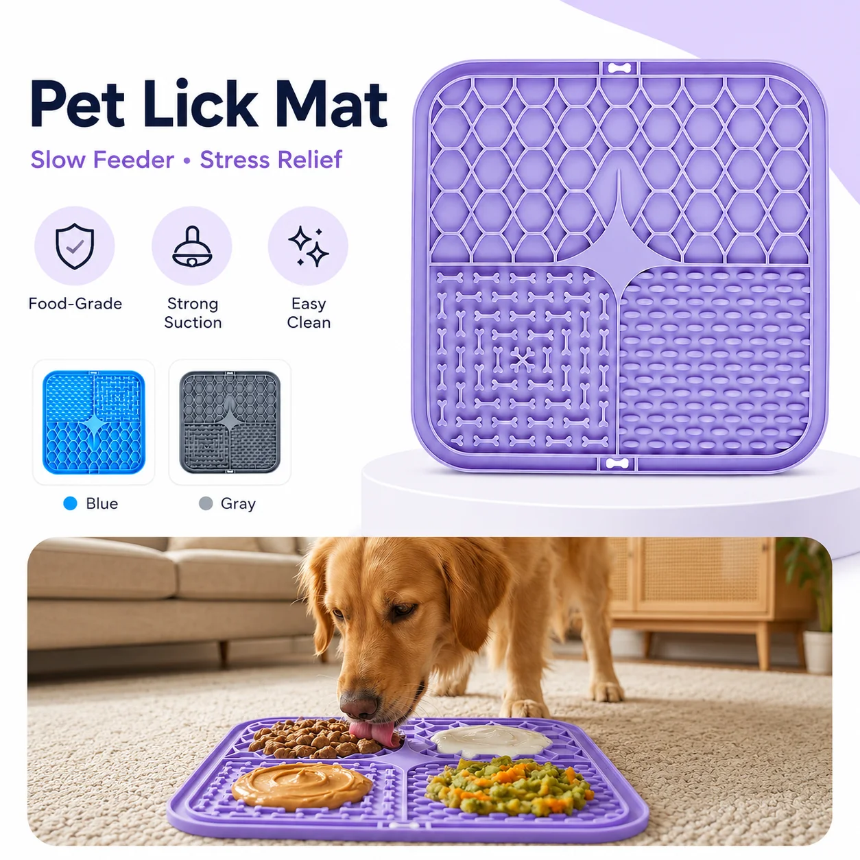 Pet Silicone Lick Mat Slow Feeding Bowl for Dogs Cats Food Grade Non-Slip Suction Cup Licking Pad for Grooming Bathing