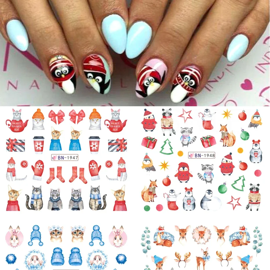 12pcs Cute Christmas Nail Stickers Cartoon Animal Design Penguin Bird Cat Dog Bear Nail Slider Water Decals Decoration Manicure