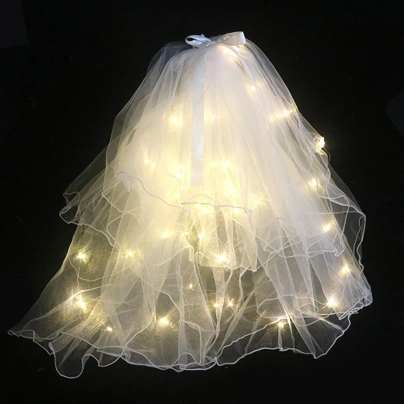 Double Layer Glow Wedding Veil LED Light Pearl Veil Glow In The Dark Party Favor Wedding Birthday Party Cosplay Hair Accessory