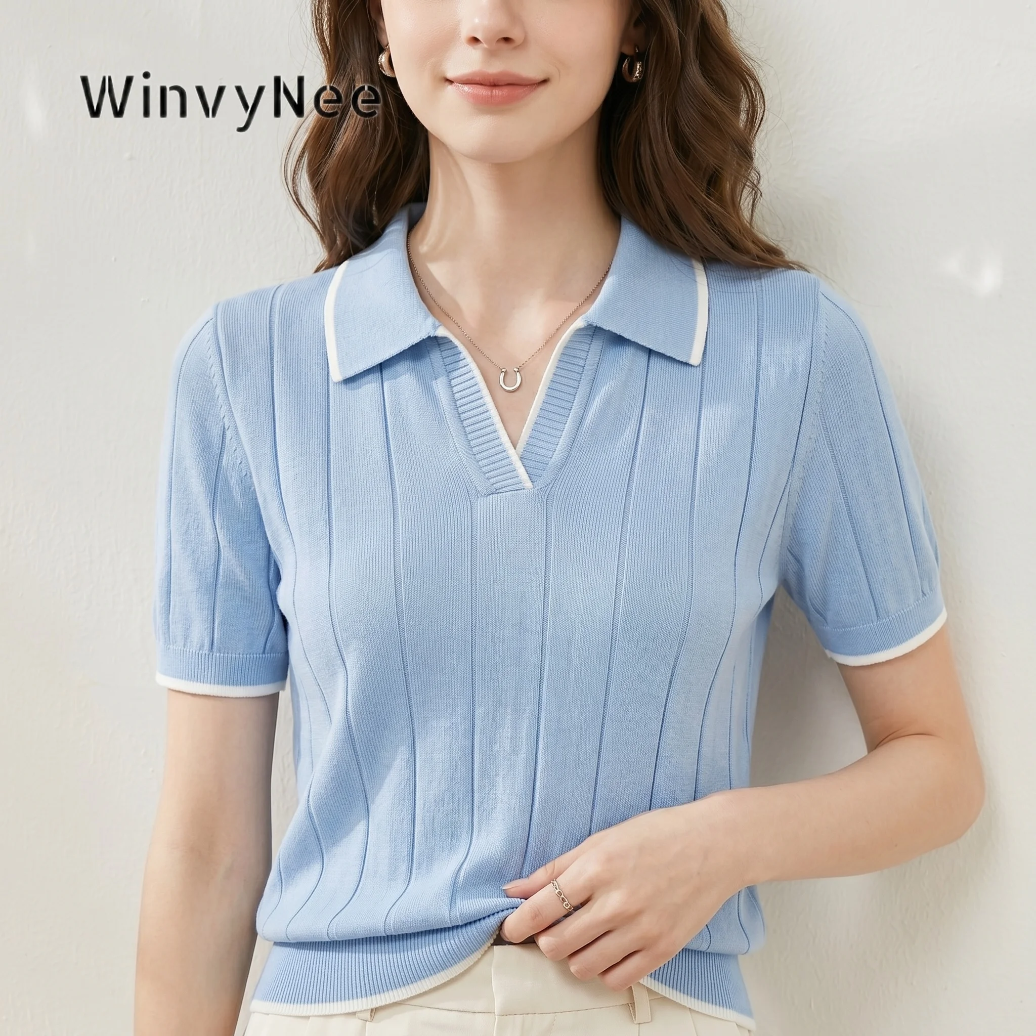 WinvyNee Summer Short Sleeve Women's Solid Polo Collar T-Shirt Casual Cotton Tops Women Clothing Y2k Elegant Knitted A1092079