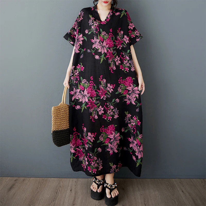 

Bohemian Style Women's Casual Dress New V-neck Short Sleeve Cotton Linen Long Dress Summer Fashion Mommy Clothes Loose Fit