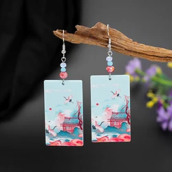 Elegant Chinese Style Fairy Crane 3D Print Acrylic Earrings For Women Vintage Lightweight Jewelry Ladies Daily Wear Accessories