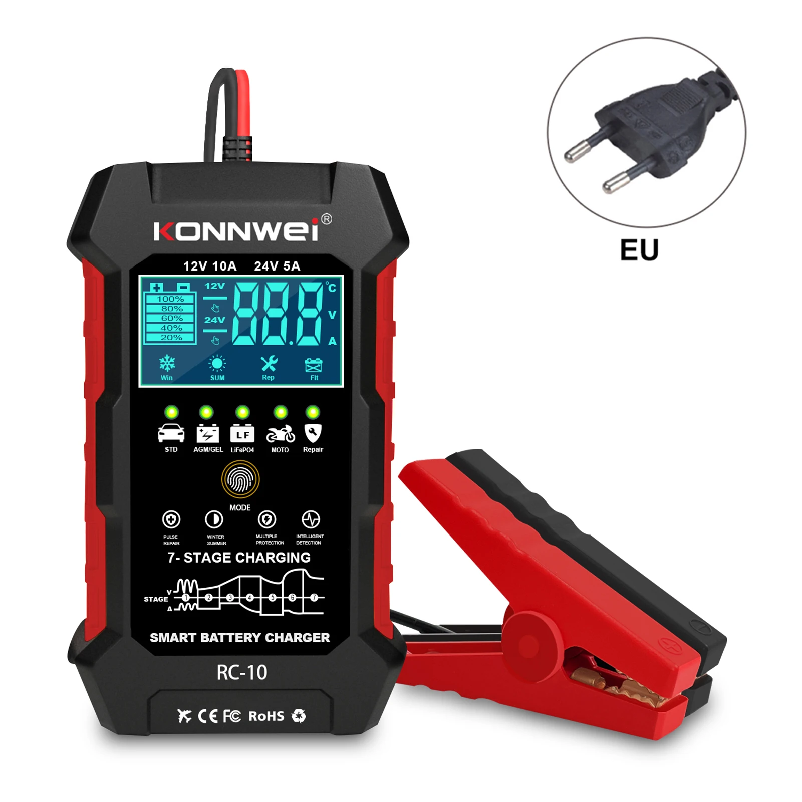 

RC-10 12V 10A & 24V 5A Battery Charger Battery Pulse Repair Tool for Lead-acid Automotive Marine Deep-cycle Batteries