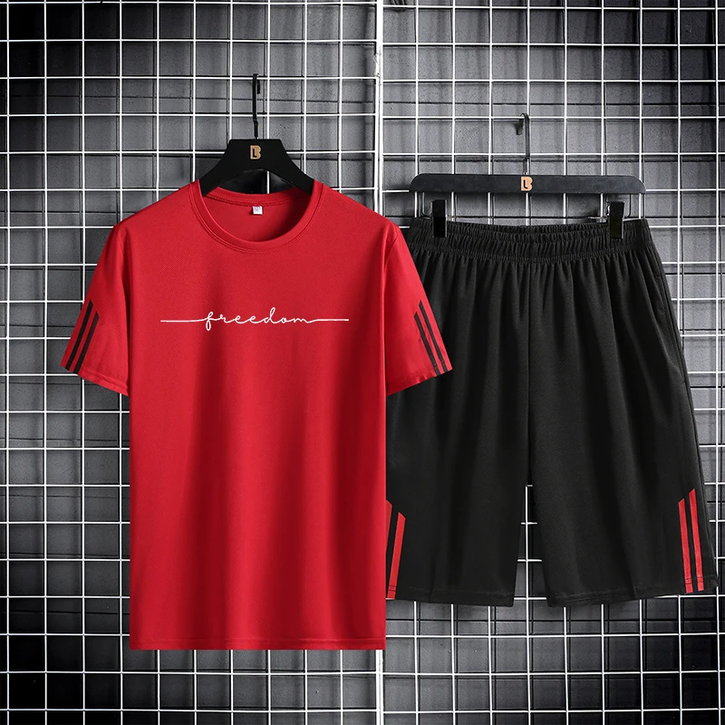 【 M-5XL 】 Summer men\'s set 2024 new quick drying breathable mesh short sleeved T-shirt and shorts two-piece running sports set