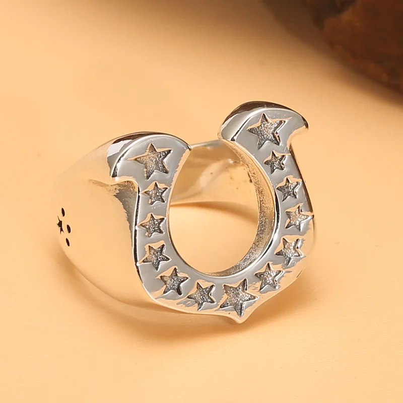 Five-pointed star horseshoe ring for men 925 sterling silver thai silver retro ring for women