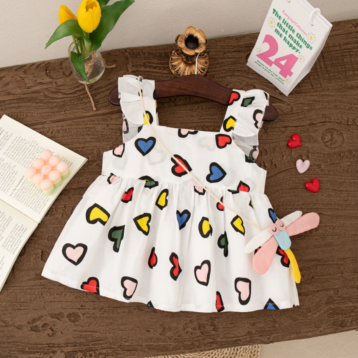 Newborn Baby Girl Comfortable Cotton Dress Colourful Heart Shape Printed with Dragonfly Decoration