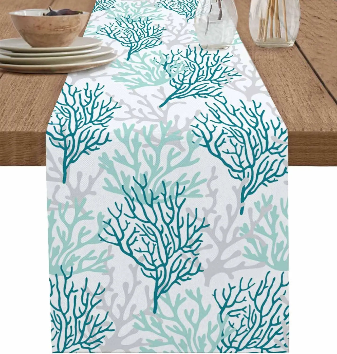 

Teal Grey Coral Coastal Linen Linen Table Runners Summer Beach Seaside Nautical Table Runners Wedding Party Dining Table Decor