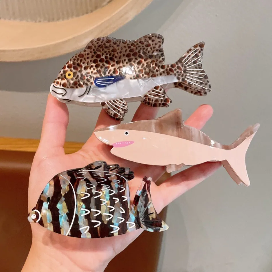 Simulated Fish Shape Acetate Hair Clip Whimsical Ocean Themed Shark Flat Side Barrettes Women Fun Statement Hair Accessory ZX07