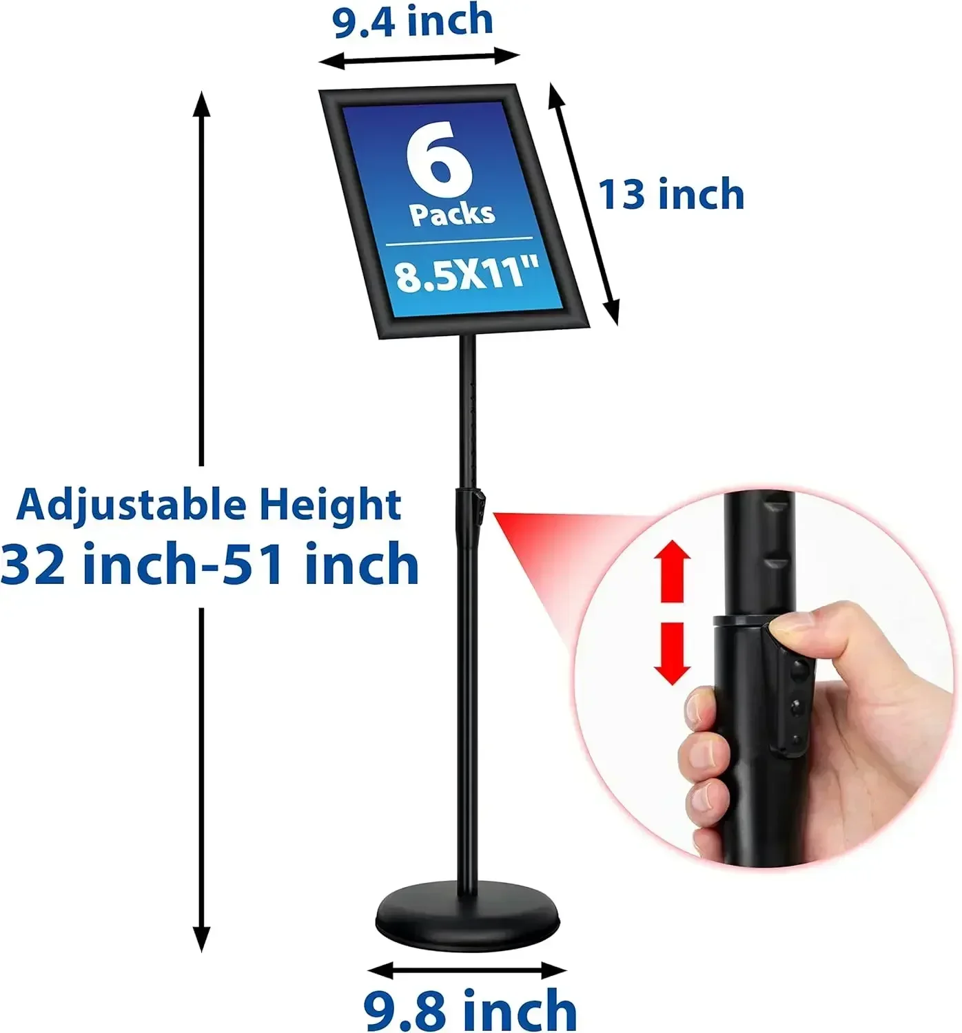 6Packs 8.5x11 Inch Adjustable Pedestal Poster Sign Stand, Heavy Duty Floor Standing Sign Holder Stand Aluminum Snap Open Frame f