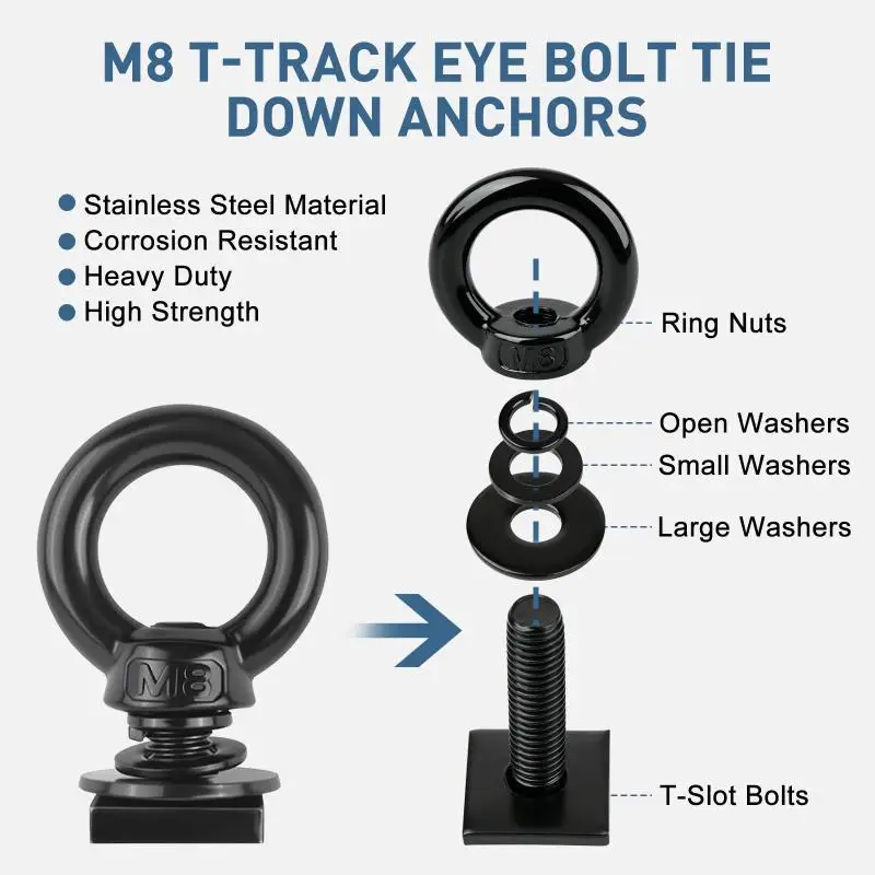 T Bolt Eye Nut Kit Stable Support Stainless Steel T Track Mount Tie Down High Hardness For Holding Tie Down Straps...