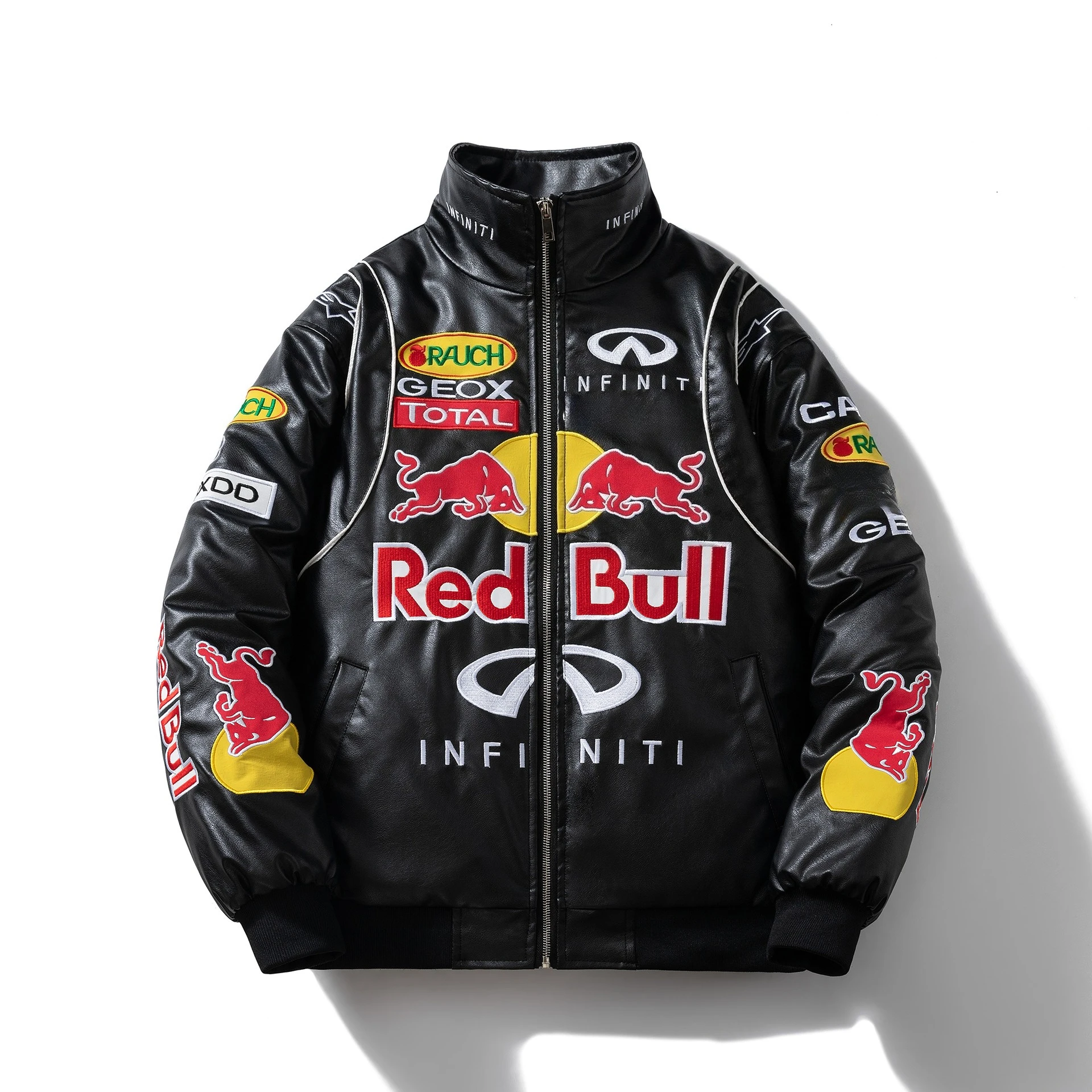 New Red Bull Embroidered Leather JacketMotorcycletand-upCollar RidingJacket,Fall/Winter Leather Garment, Motorcycle Trendy Style