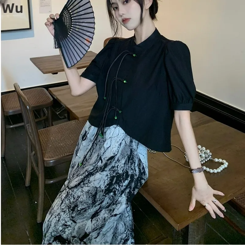 

Новый комплект в китайском стиле для женщин: летняя рубашка с коротким рукавом и юбка-полусолнце с чернильным принтом