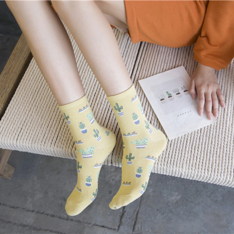 

Womens Mid Length Socks Cotton Socks Girls Medium Length Socks Korean Version Plain Color Fresh Cactus All Cotton Breathable