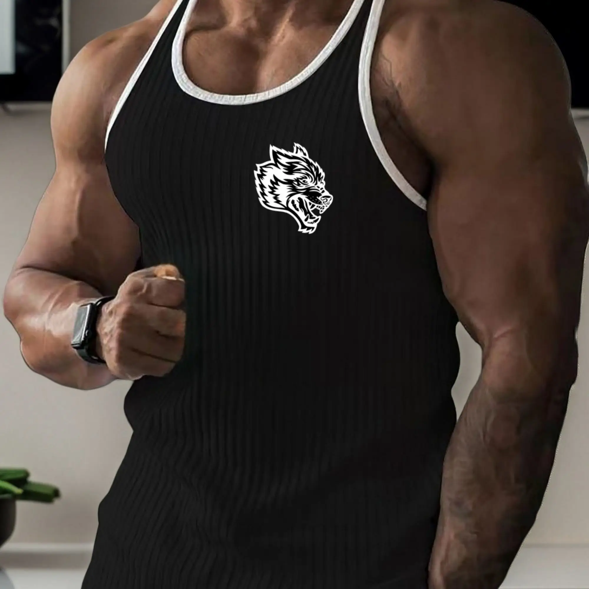 Summer Men's Wolf Head Printed Vestpersonalized Trendy Fitness Sports Strength Training Striped Elastic Top