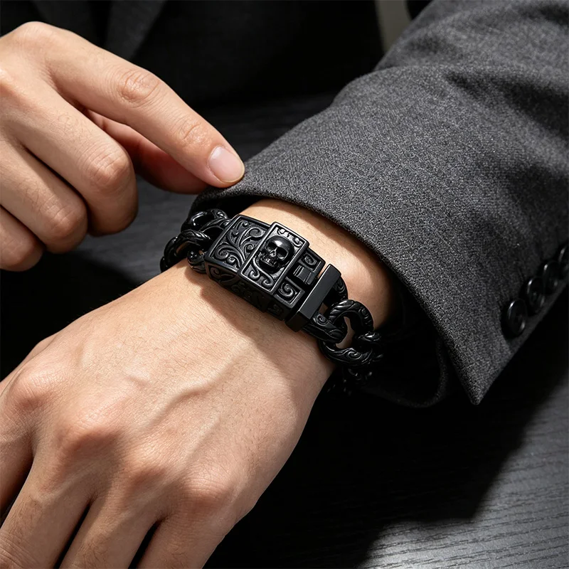 KALEN Dark Gothic Skull Stainless Steel Bracelet For Men Hip Hop Punk Niche Cuban Chain Fashion Jewelry Halloween Party Gifts