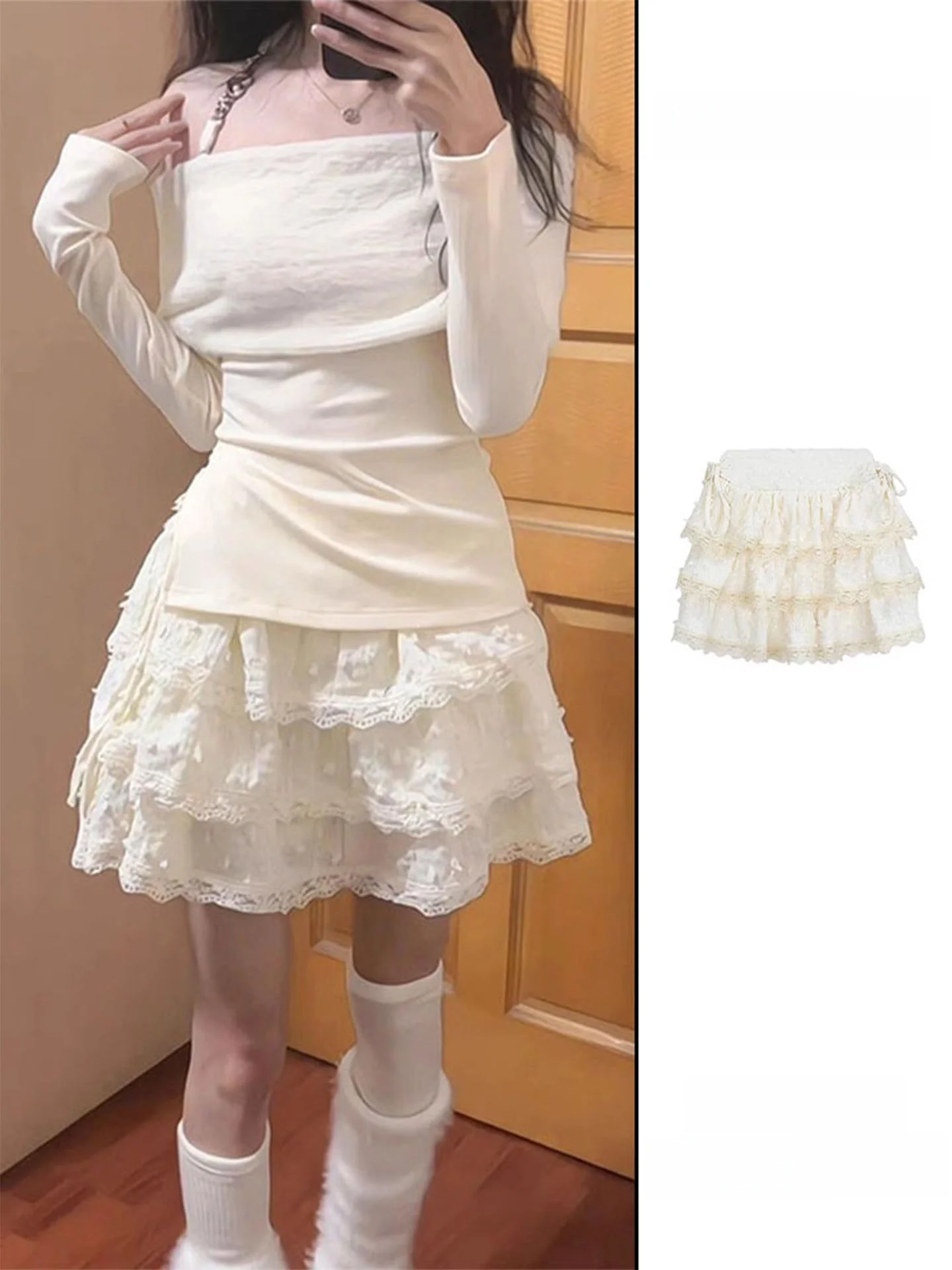 Sweet Princess Style White Lace Puffy Short Skirt Half-length Ballet Style Baking Cake Skirt for Women Girls Students Casual ...