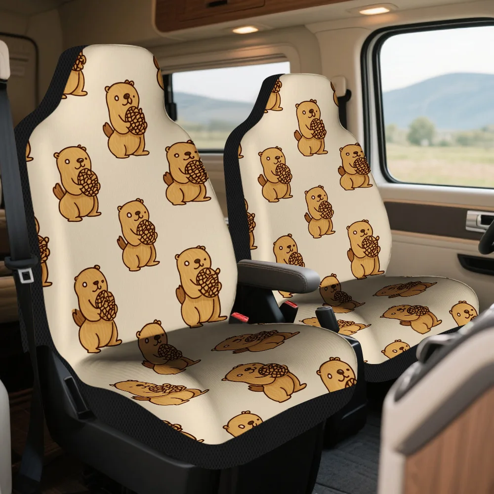 2pcs Cute Cartoon Beaver Themed Car Seat Cover Set – High-Quality Full Set Of Front Seat Covers For Most Cars, Fit, Stylish And