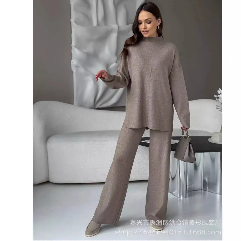 Knitting 2 Piece Set Women Pullover Sweater Pants Suit Knitted Top Half High Collar Jumpers Trousers Outfits Autumn Winter