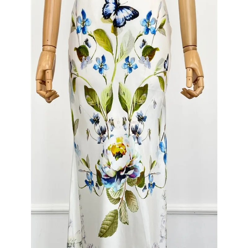 Cut Out Waist Halter Midi Dress for Holiday New High Quality Silk Blue Floral Print Sleeveless