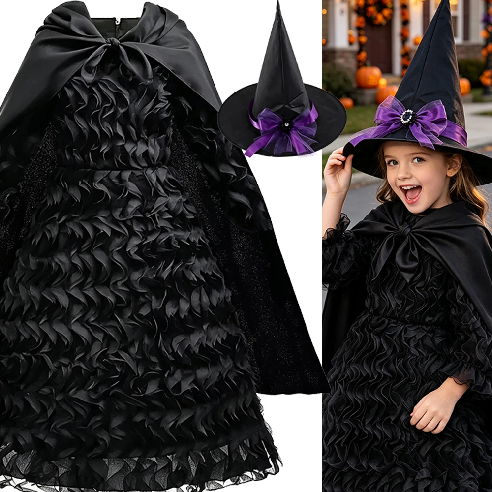 Movie Evil Witch Costume Black Long Dress With Cape Witch Hat For Kids Girls Halloween Birthday Prom Party Outfit