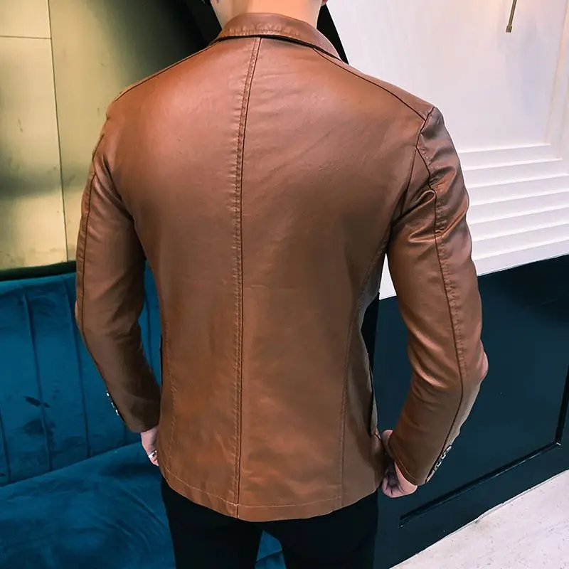 Thin Slim Fit Leather Jacket for Men Single Breasted New In Man Suits and Blazers Handsome Vintage Simple Casual Classic Coats