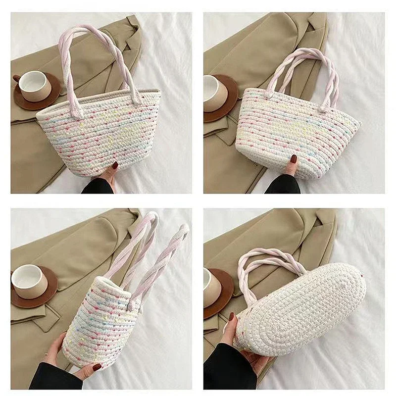 

Pink Twist Hand-held Cotton Woven Bag New Small Fresh Hand-held Women's Bag To Go Out on Holiday Picnic Basket