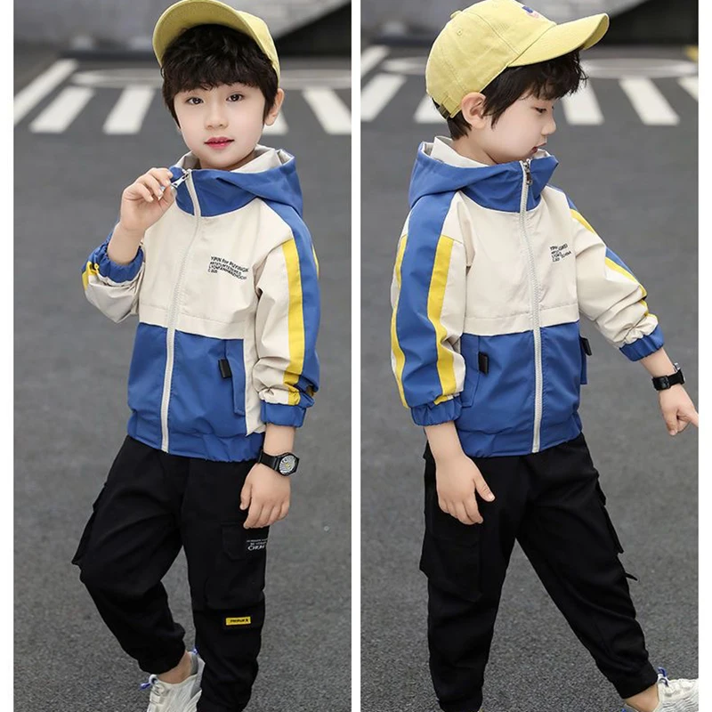 3-12 Years New Spring Autumn Boys Coat Handsome Splicing Style Hooded Windbreaker Jacket For Kids Children Birthday Present