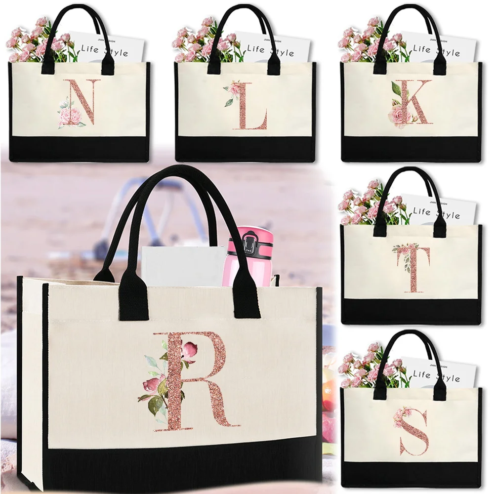 Outdoor Travel Handbag Commuting Canvas Bags Simplicity Large Capacity Grocery Organizers Shopping Storage Bag Rose Gold Pattern