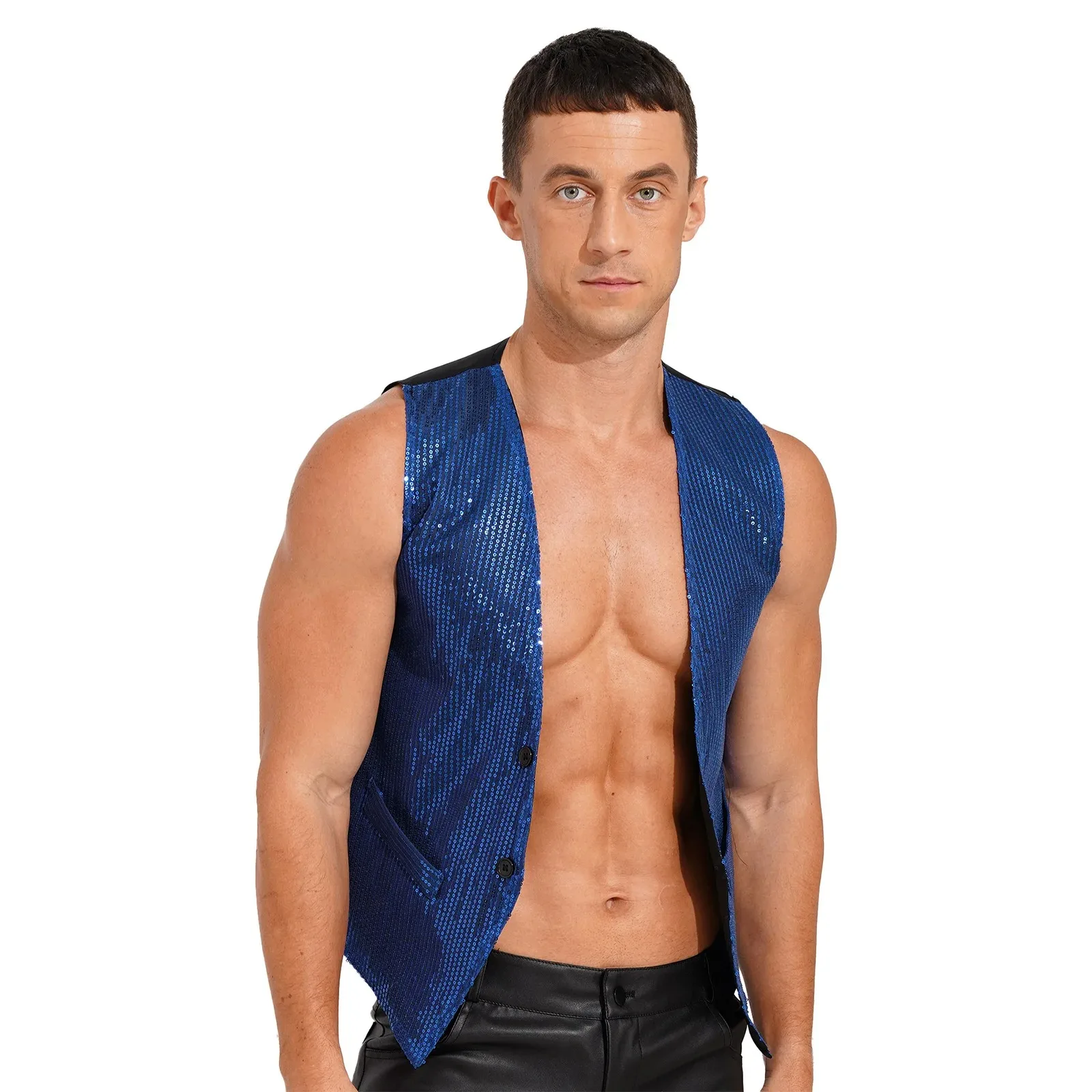 

Mens Sparkling Sequins Vests Mans Fashion Sleeveless Waistcoat for Jazz Hip-hop Rave Dance Party Clubwear Performance Costume