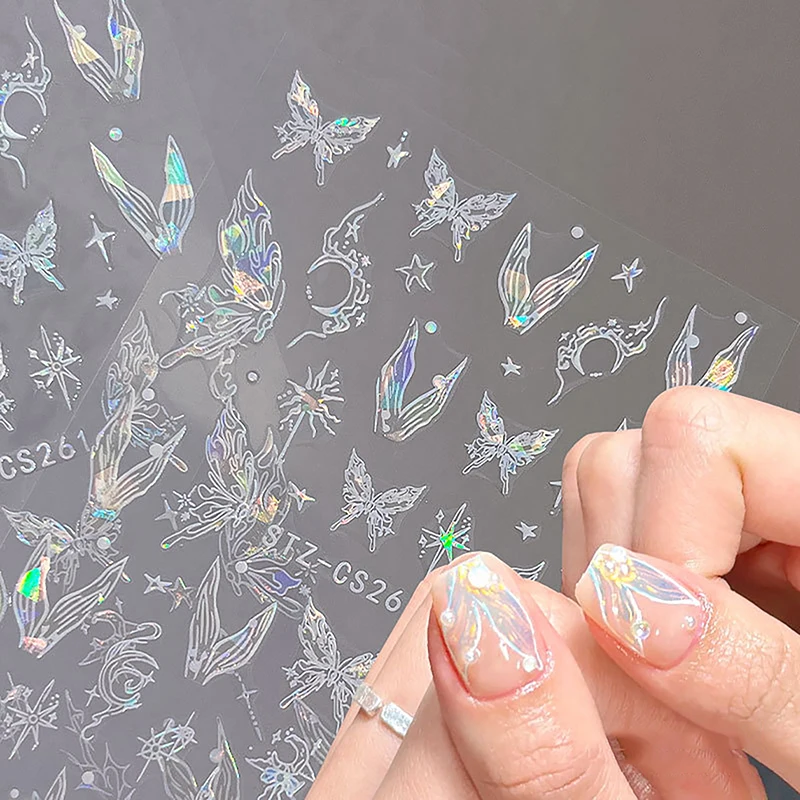 Dream Shining Mermaid Tailed Butterfly Nail Stickers Shell Butterfly Nail Decals 3D Nail Art Design Decoration Decals