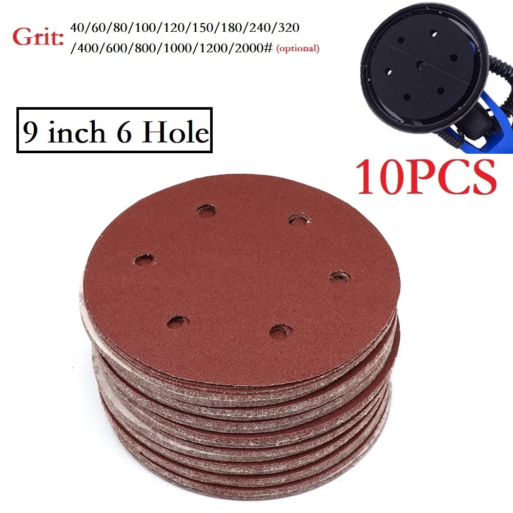 10Pcs 6 Holes Sandpaper 40-2000Grit 9inch Woodworking Furniture Metal Grinding Disc Abrasive Polishing Tool Alumina Sanding Disc