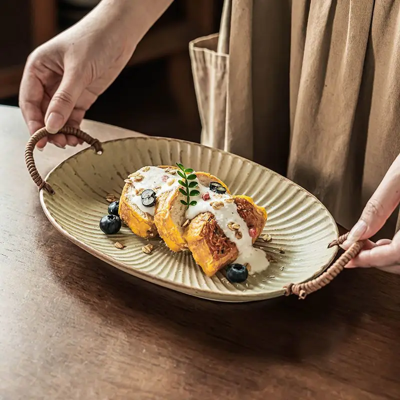 

Double-eared Rope Woven Bowl, Household Fruit Salad Bowl, Retro-style Ceramic Tableware