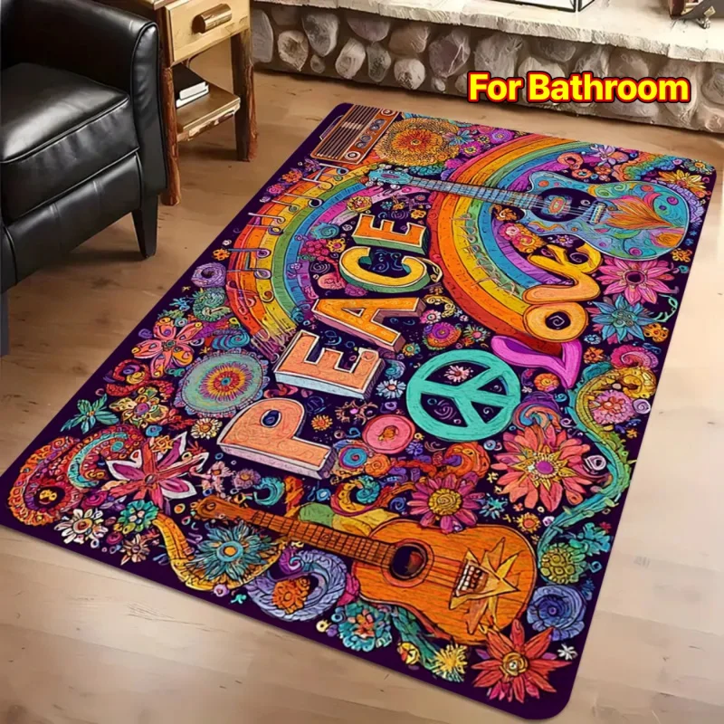VIKAMA Hippie Peace & Love Teppich, rutschfester, waschbarer Boho-Teppich, bunte Bodenmatte mit Retro-Gitarren- und Regenbogen-Print für das Wohnzimmer