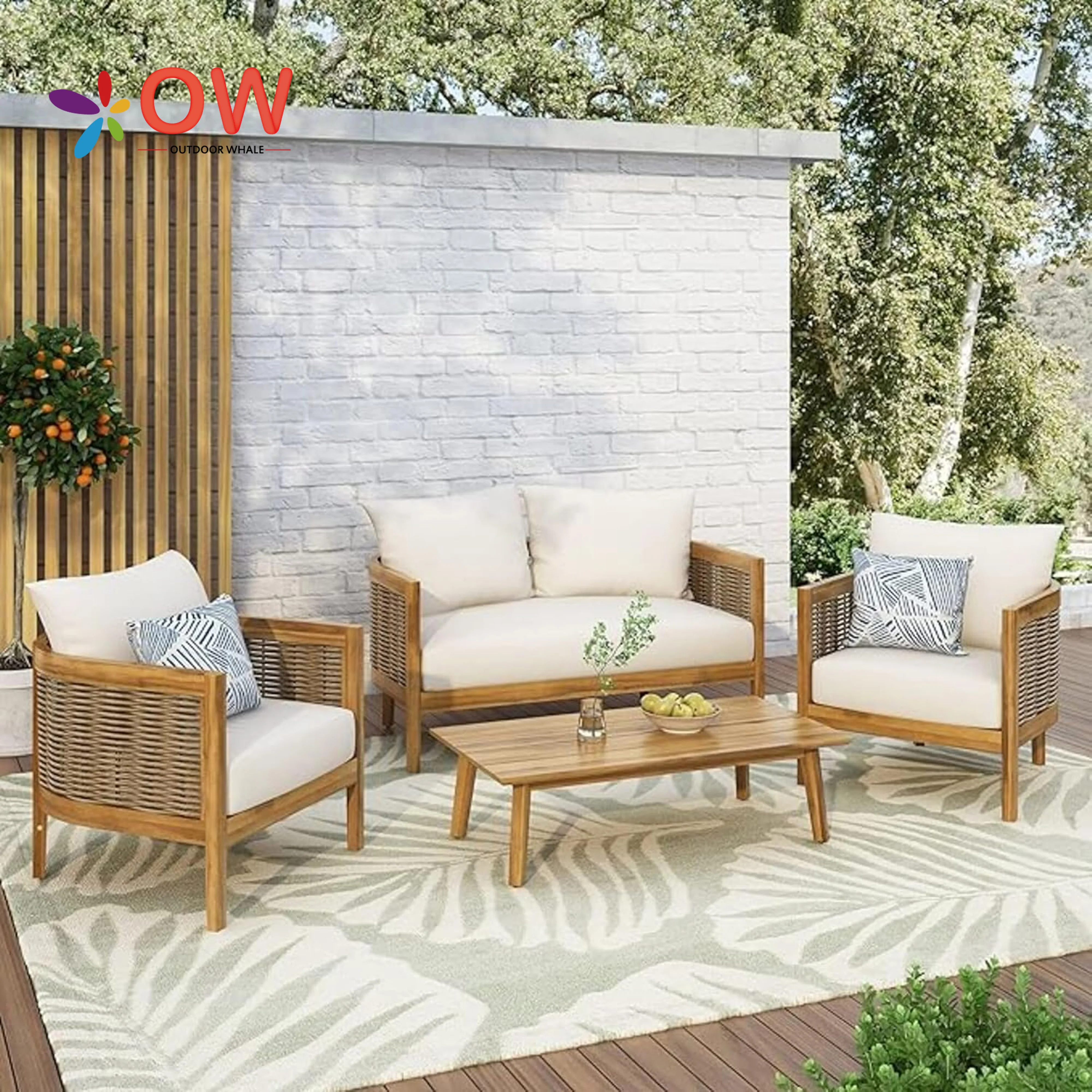 Teak Frame Garden Sofa Set Outdoor Furniture For Hotel Use Water Proof Cushions UV Resistant Durable
