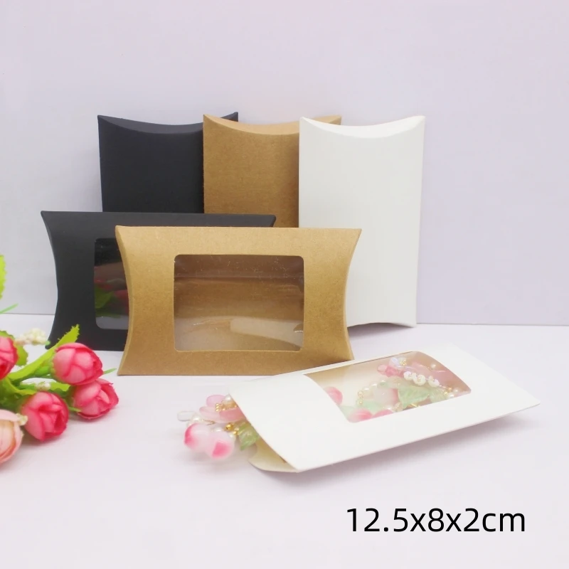 10/50PCS 12.5x8x2cm White/Black/Kraft Paper 3-Color Optional Packaging Paper Box PVC Window Pillow Box