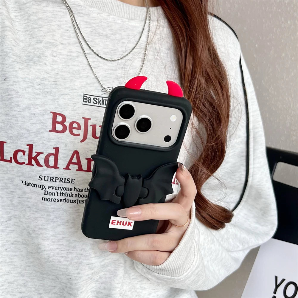3D Teufel Hörner Fledermaus Weiche Silikon Ständer Halter Telefon Fall Für iPhone 16 Plus 17 15 14 13 12 Pro max Lustige Stoßfest Zurück Abdeckung – Detail 1