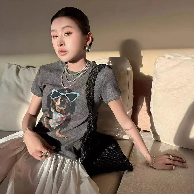 

Retro American Summer 2026 Casual Versatile Cartoon Dog Eye Print Short Sleeve T-Shirt Slim Fit Top Korean Style Cotton 100%