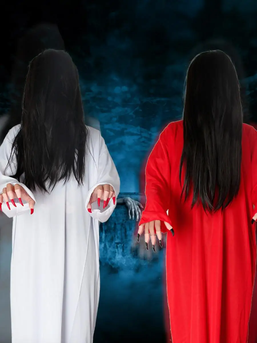 

Взрослый женский костюм на Хэллоуин, белый, красный, ужас, страшный косплей, зомби, призрак, дьявол, призрак, одежда, полиэстер, материал