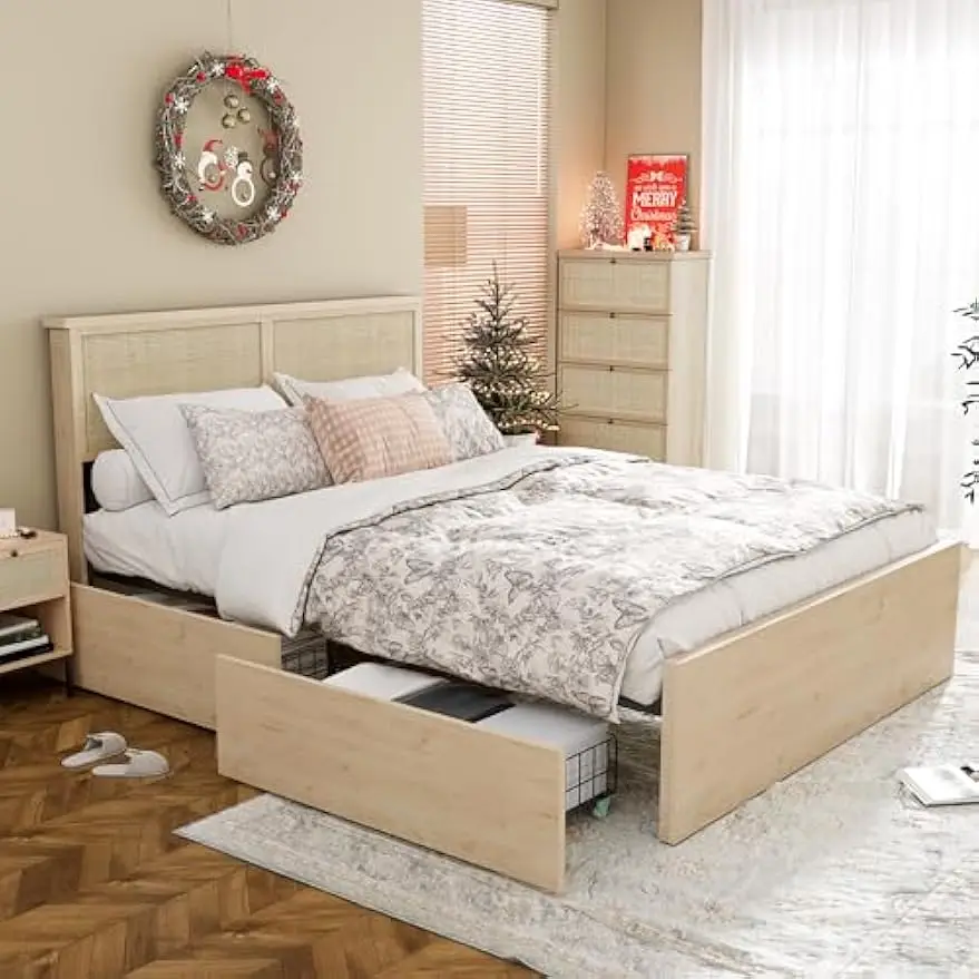 Queen Bed Frame with Natural Rattan Headboard and Wooden 4 Storage Drawers, Metal Platform with Strong Wooden Slats Support, Boh