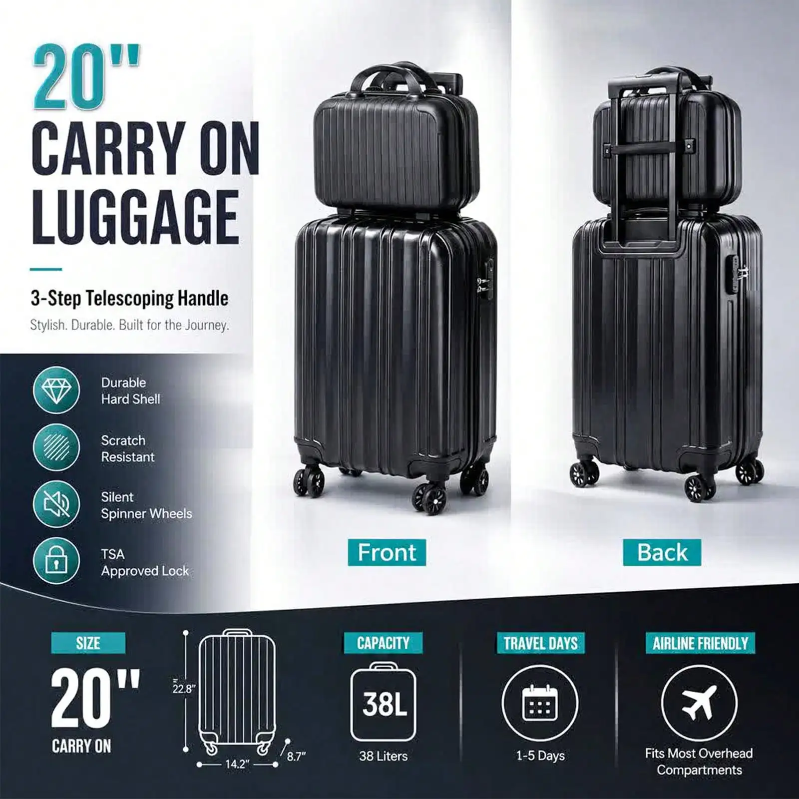 2-Piece Hardside Luggage Set, ABS Vertical Stripe Spinner Suitcase with Matching Carry On Luggage, Lightweight Hard Shell Travel Suitcase Equipped with TSA Combination Lock, 360° Smooth Spinner Wheels Trolley Case, Airline Approved Rolling Luggage for Men