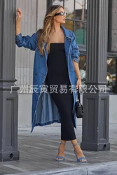 Women Trench Single Breasted Turn Down Washing Denim Coats Pockets Solid Jackets Loose Fit Button Spring 2024 High Street