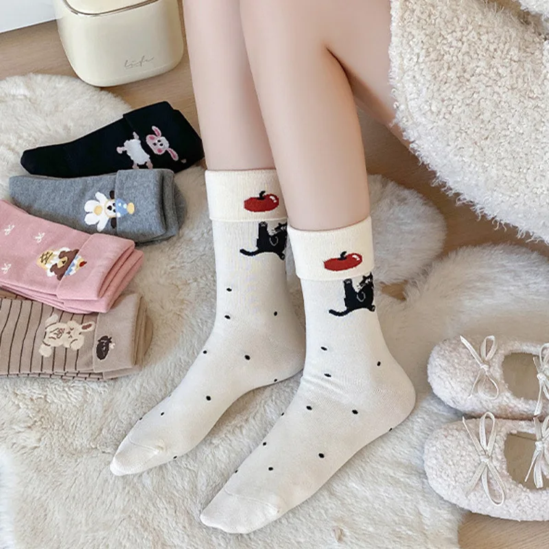

5 Pairs 1 Lot Socks Women's Cuffed Cartoon Cat Mid-Tube Warm Autumn Harajuku Comfortable Sweet Cute Kawaii Boneless Pile Socks