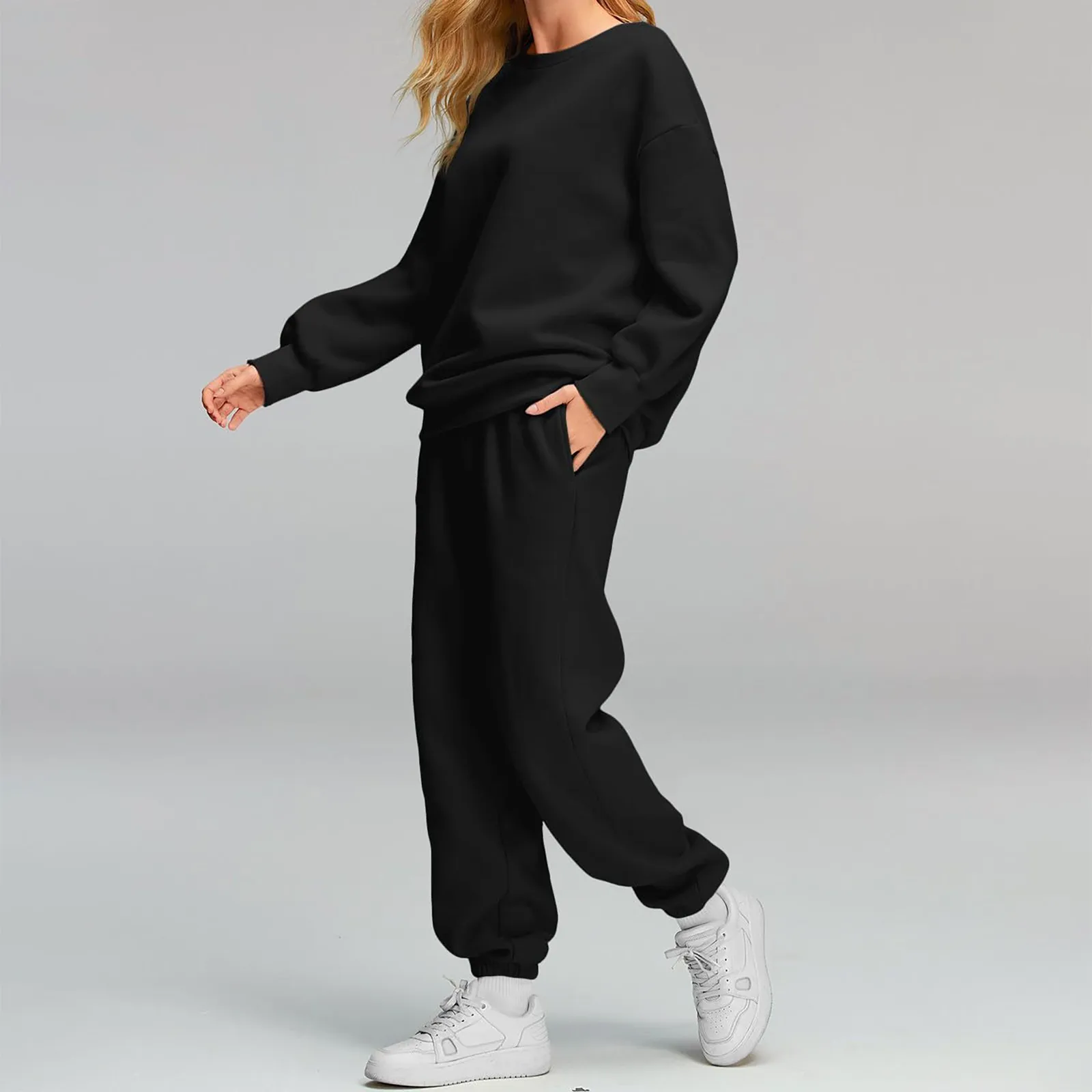 Women 2 Piece Outfits Sweatsuit Oversized Casual O Neck Tops Pants Sets Baggy Sweatpants Fall Fashion With Pockets