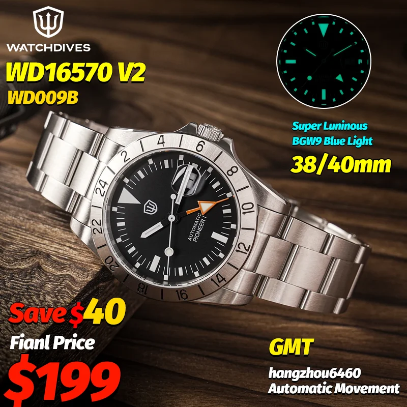 

Часы Watchdives WD16570B WD009B, черные автоматические дайверские часы GMT с сапфировым стеклом Hangzhou6460, механические мужские роскошные часы, водонепроницаемость 200 м